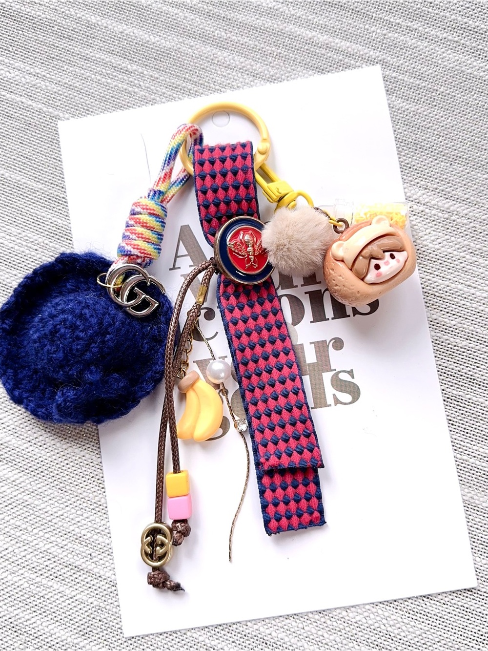 GG Colorful Pom & Charm Keychain with Navy Crochet mini hat